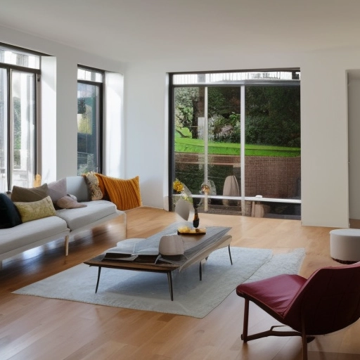 KI-generiertes Bild eines typischen modernen Wohnzimmers mit großen Fenstern, spärlicher Einrichtung und kahlen Wänden