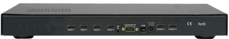 Rückseite des Lumagen Radiance Pro 4242 18G mit 4 HDMI- Eingängen und 2 HDMI-Ausgängen