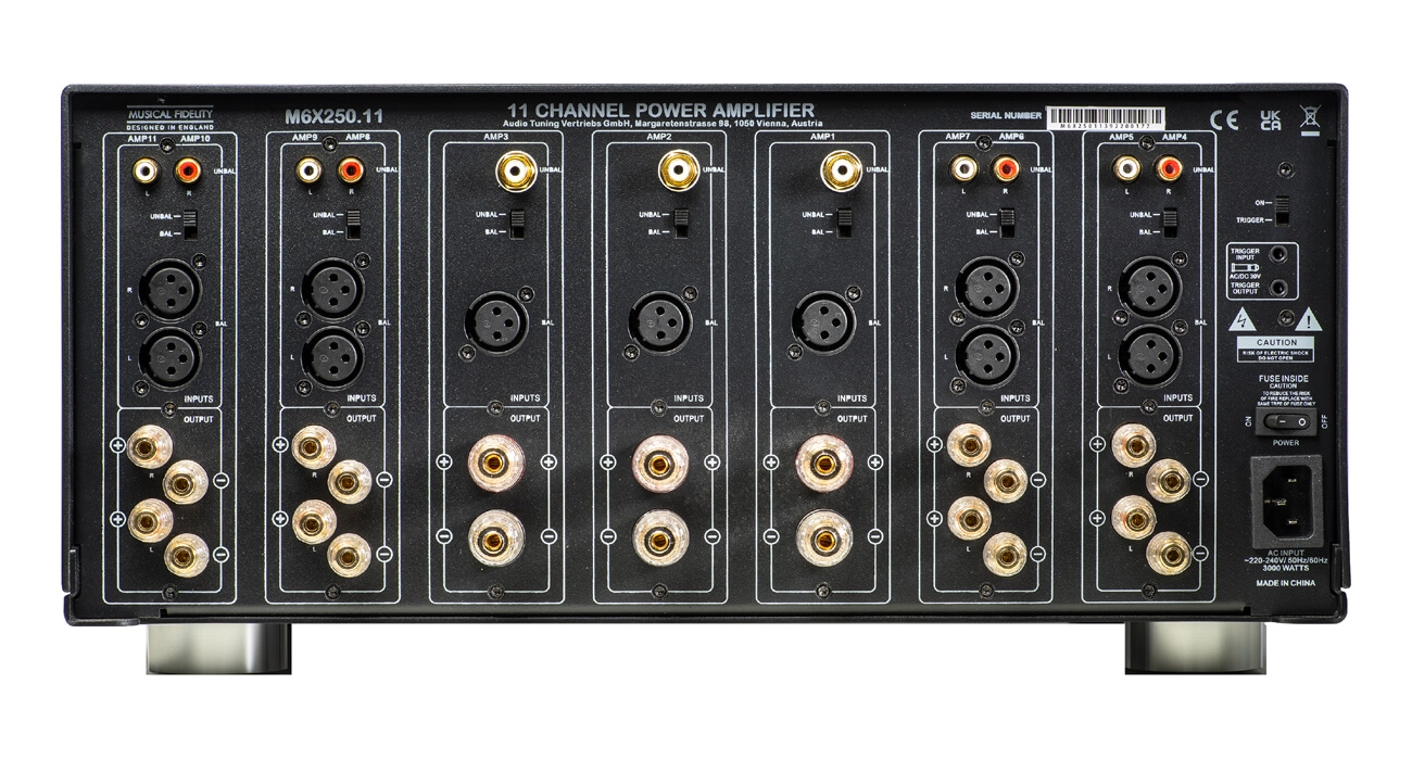 Rückseite der 11-Kanal-Endstufe Musical Fidelity M6x 250.11 mit unterschiedlichen Modulen für LCR und die Effekt-Kanäle