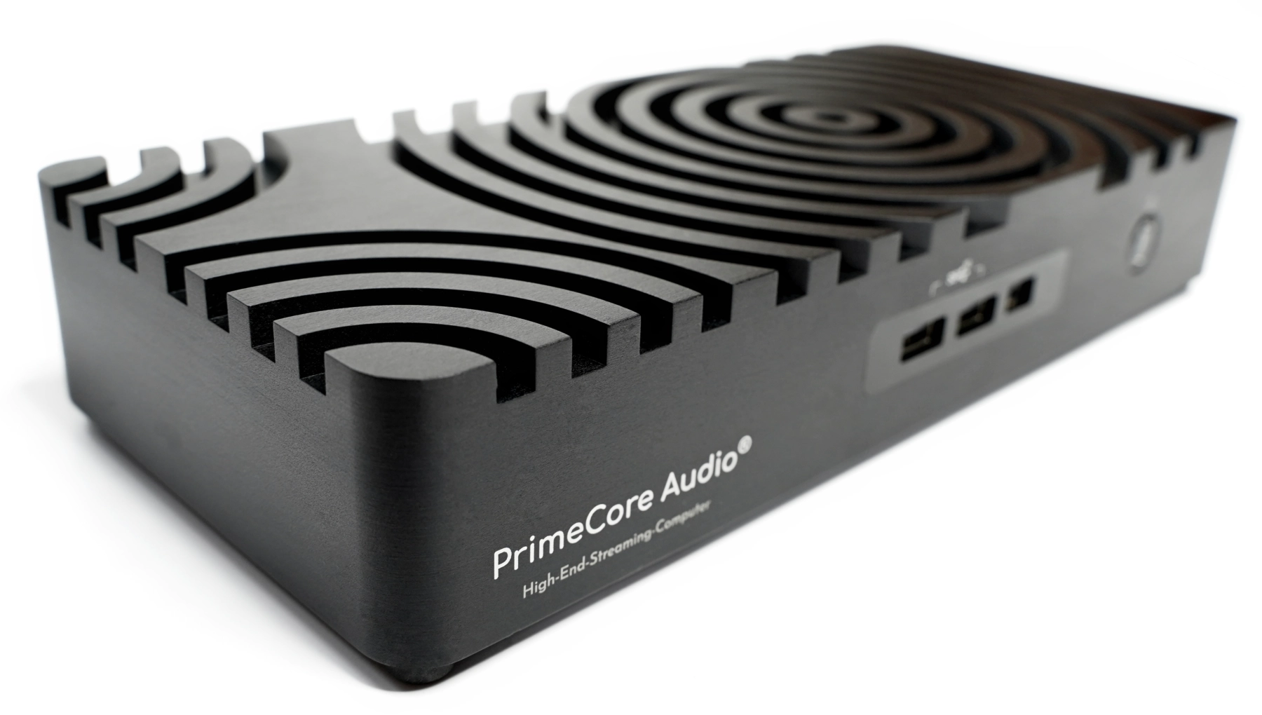 PrimeCore Audio Streaming Computer – Fokus auf Logo und Schriftzug High-End-Streaming-Computer