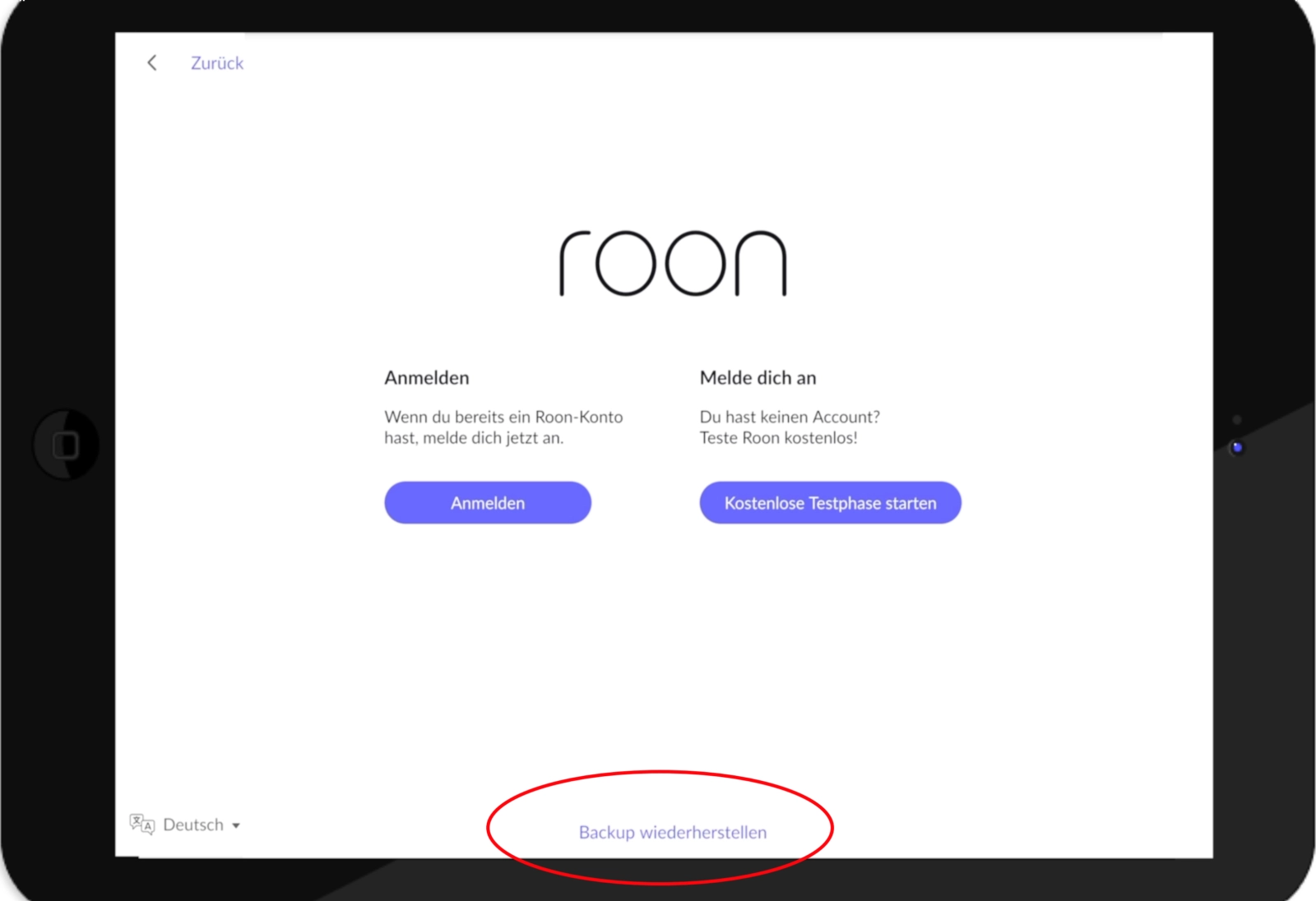 Anmelde-Screen von Roon mit der Option, ein Backup wiederherzustellen