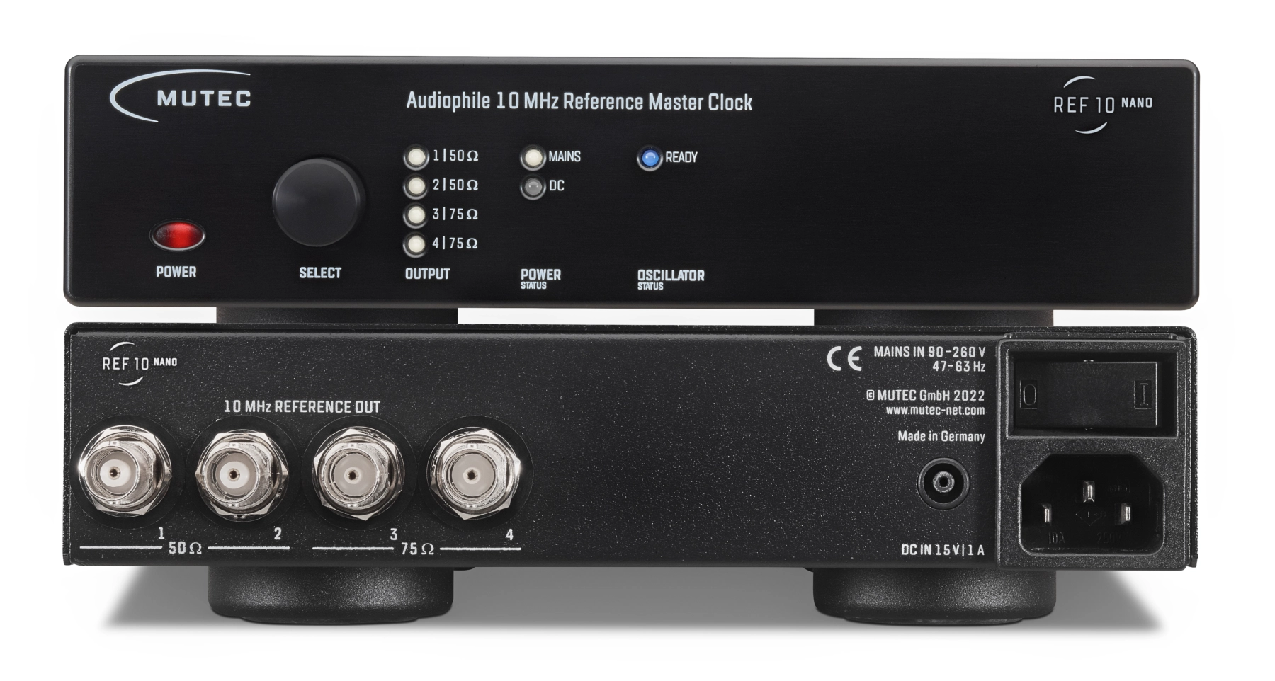 Mutec REF10 Nano Referenztakt-Gererator 10 MHz: Vorderseite und Rückseite mit Anschlüssen