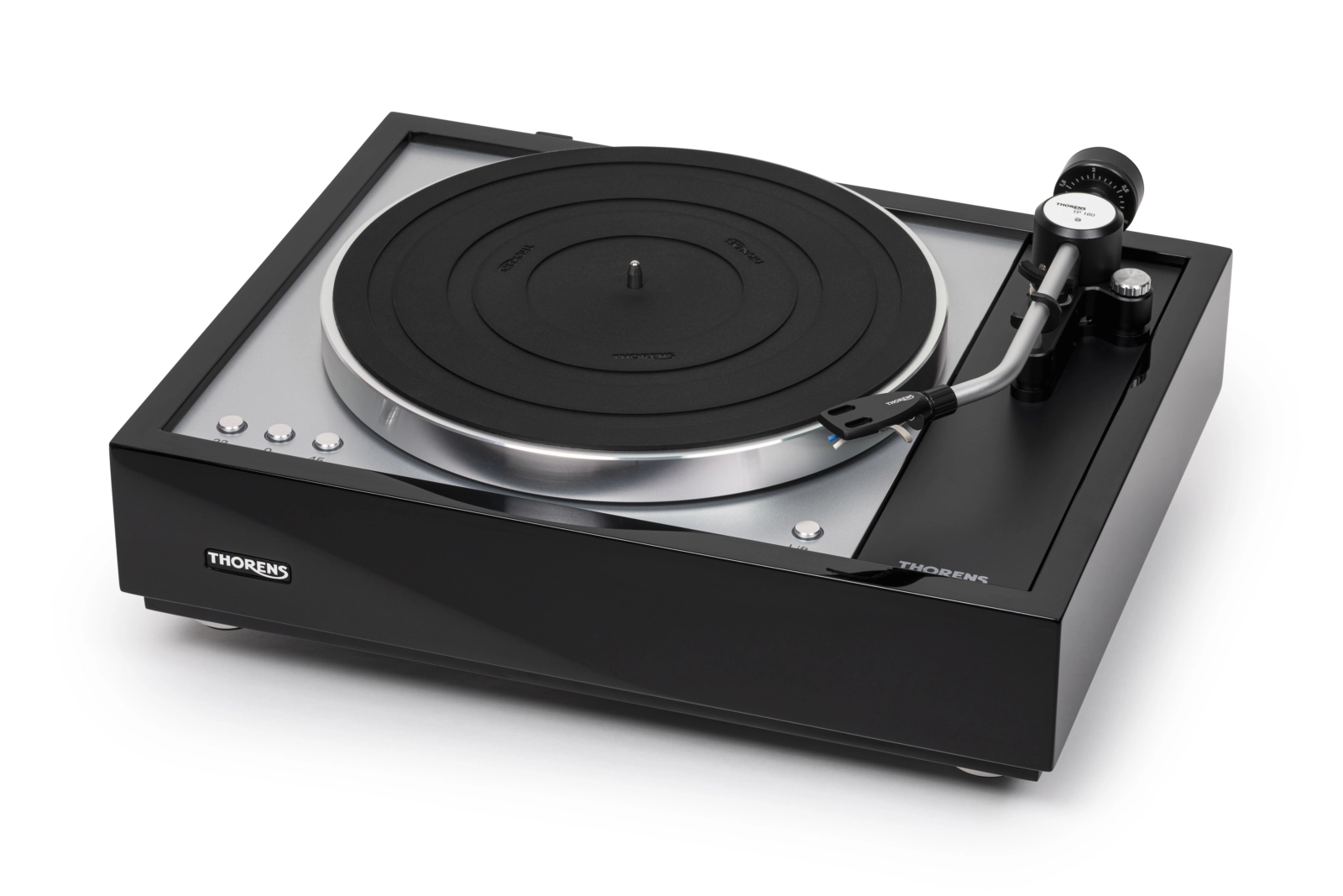 Thorens TD 1601 mit TP 160 Tonarm in Schwarz, seitlich von oben