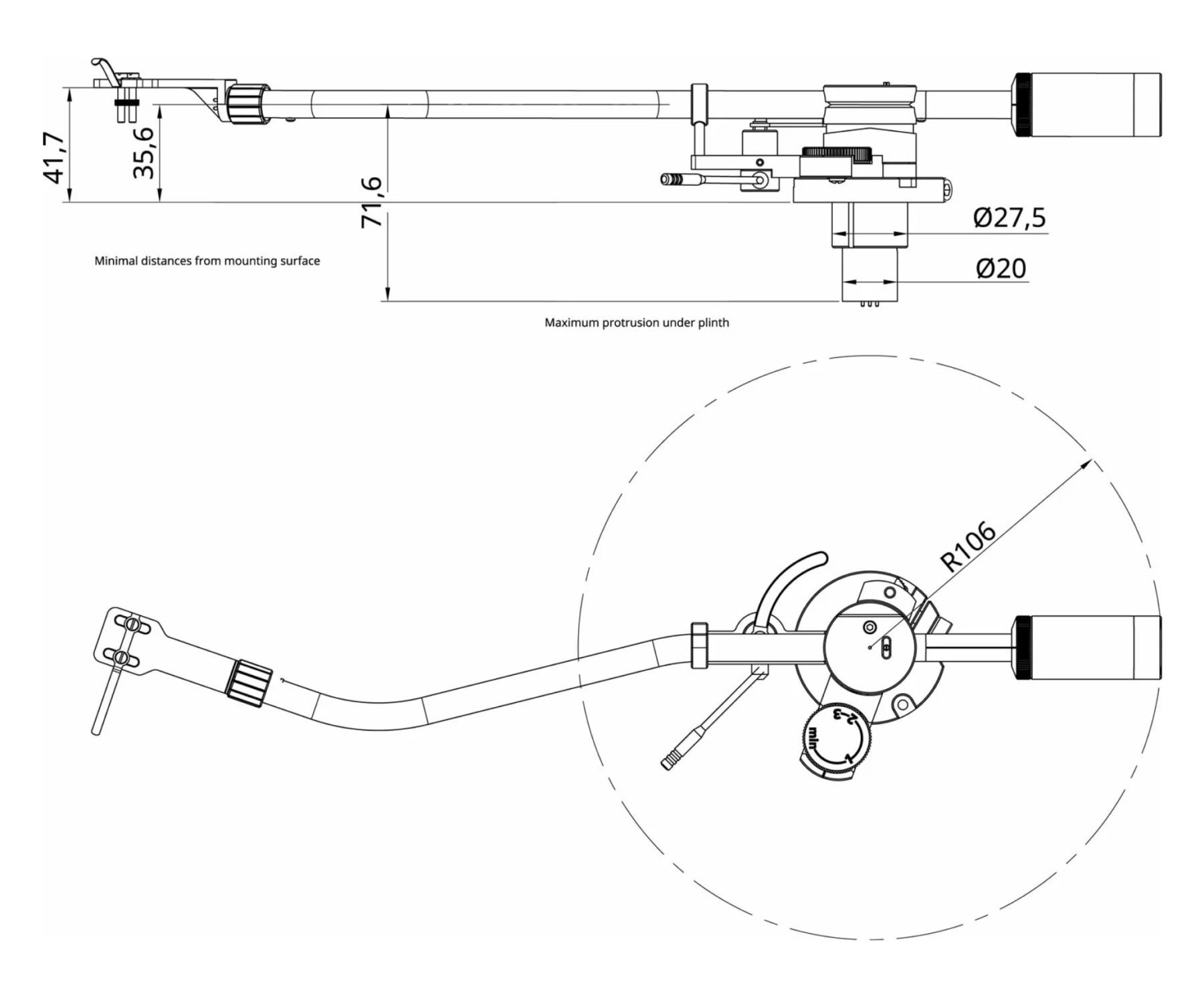 Infografik: Maßzeichnung Korfaudio SF11R Tonarm