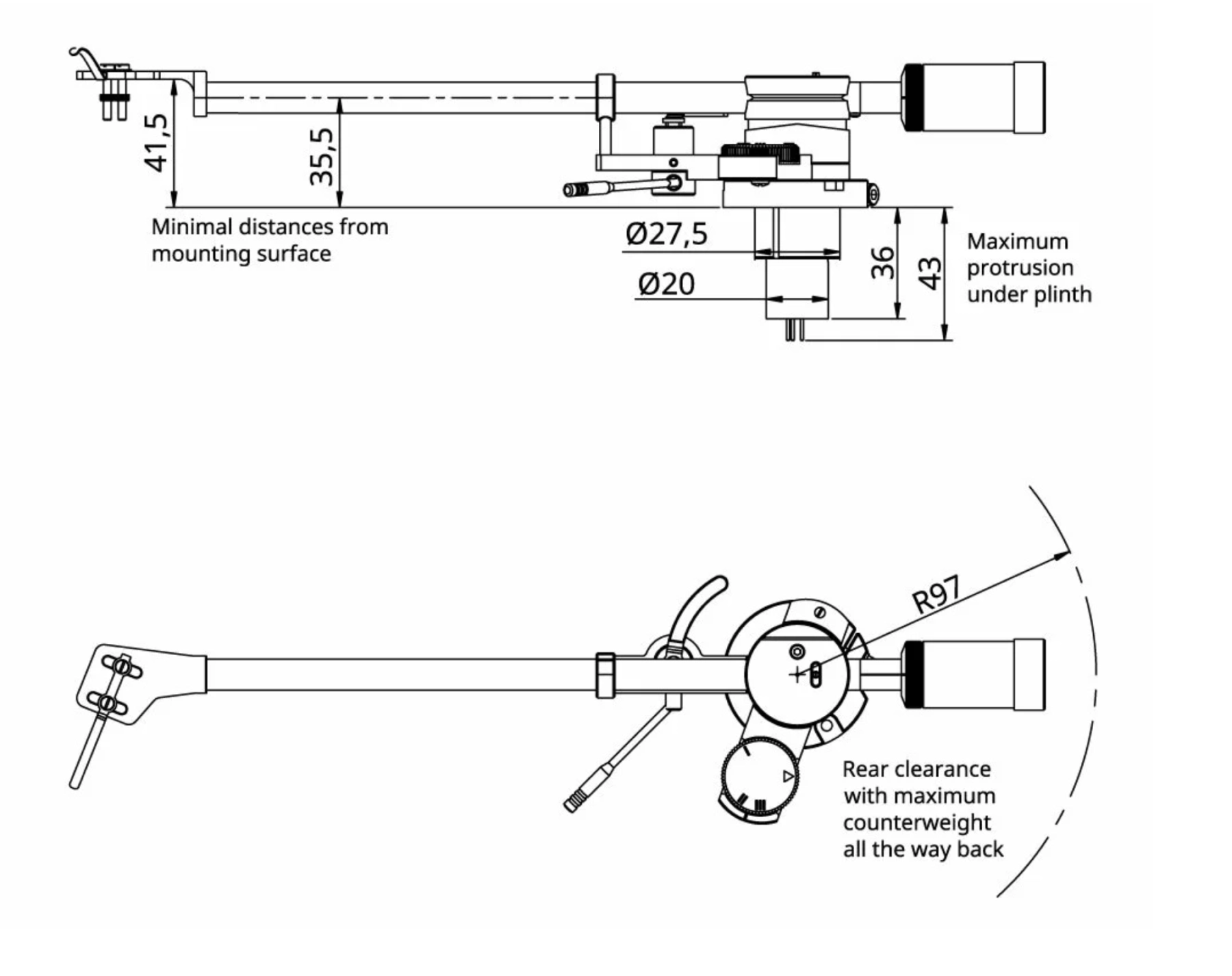 Infografik: Maßzeichnung Korfaudio TA-SF9 Tonarm