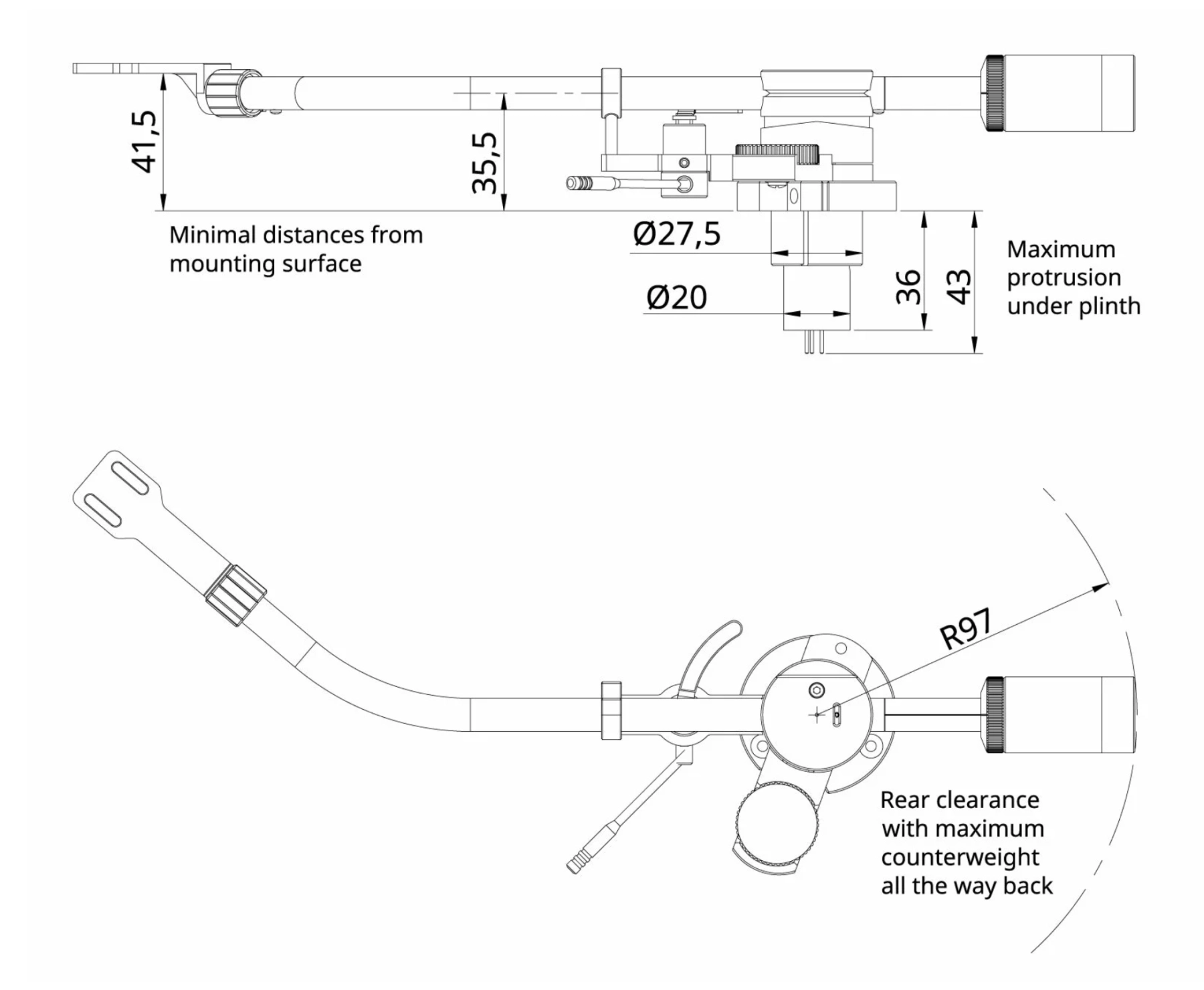 Infografik: Maßzeichnung Korfaudio SF9R Tonarm