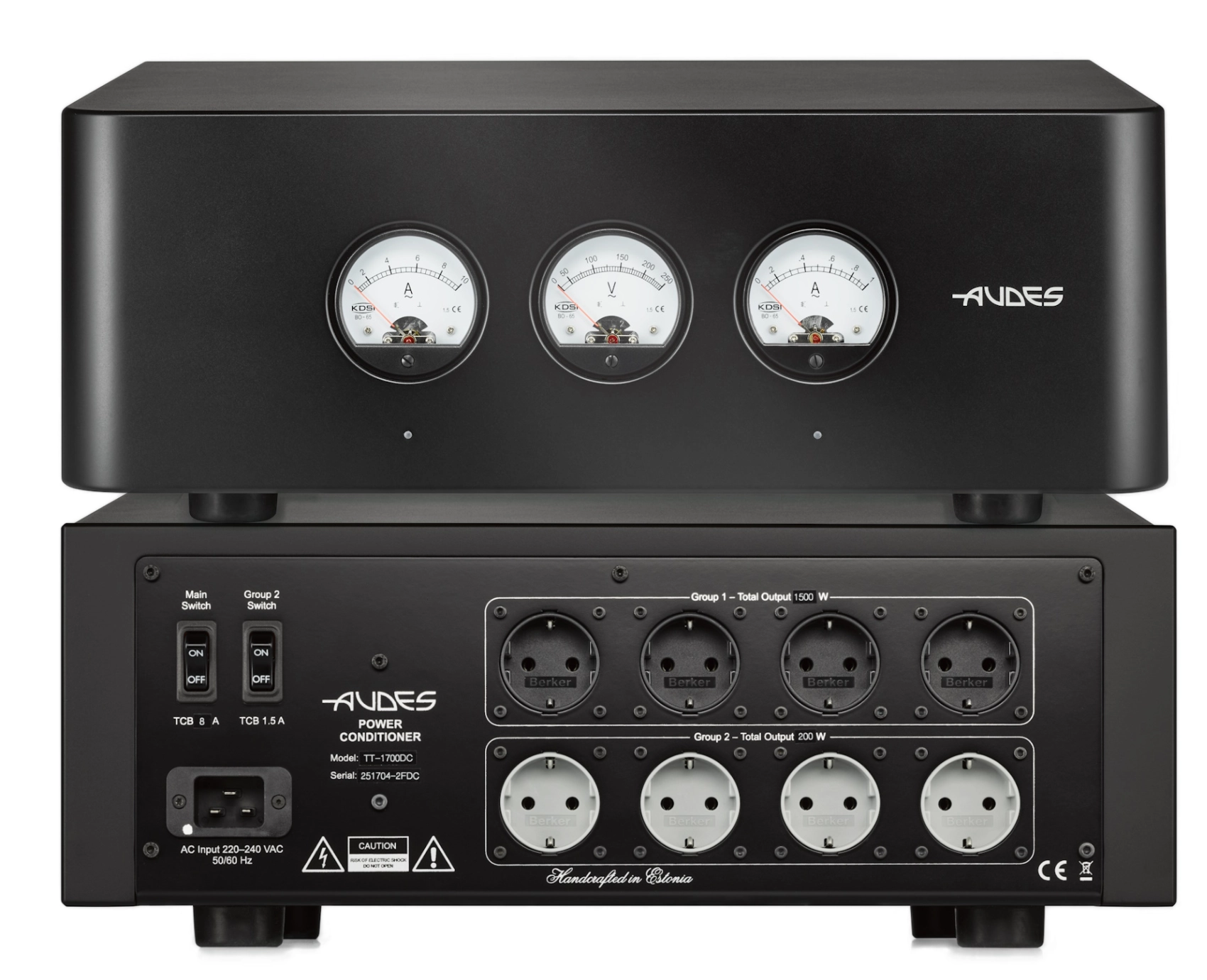 Front und darunter die Rückseite des Power Conditioners Audes TT-1700