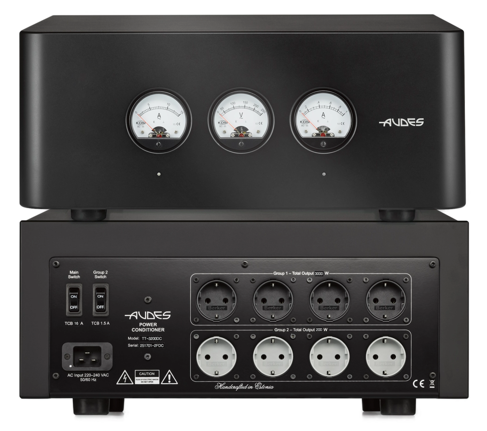 Front und darunter die Rückseite des Power Conditioners Audes TT-3200