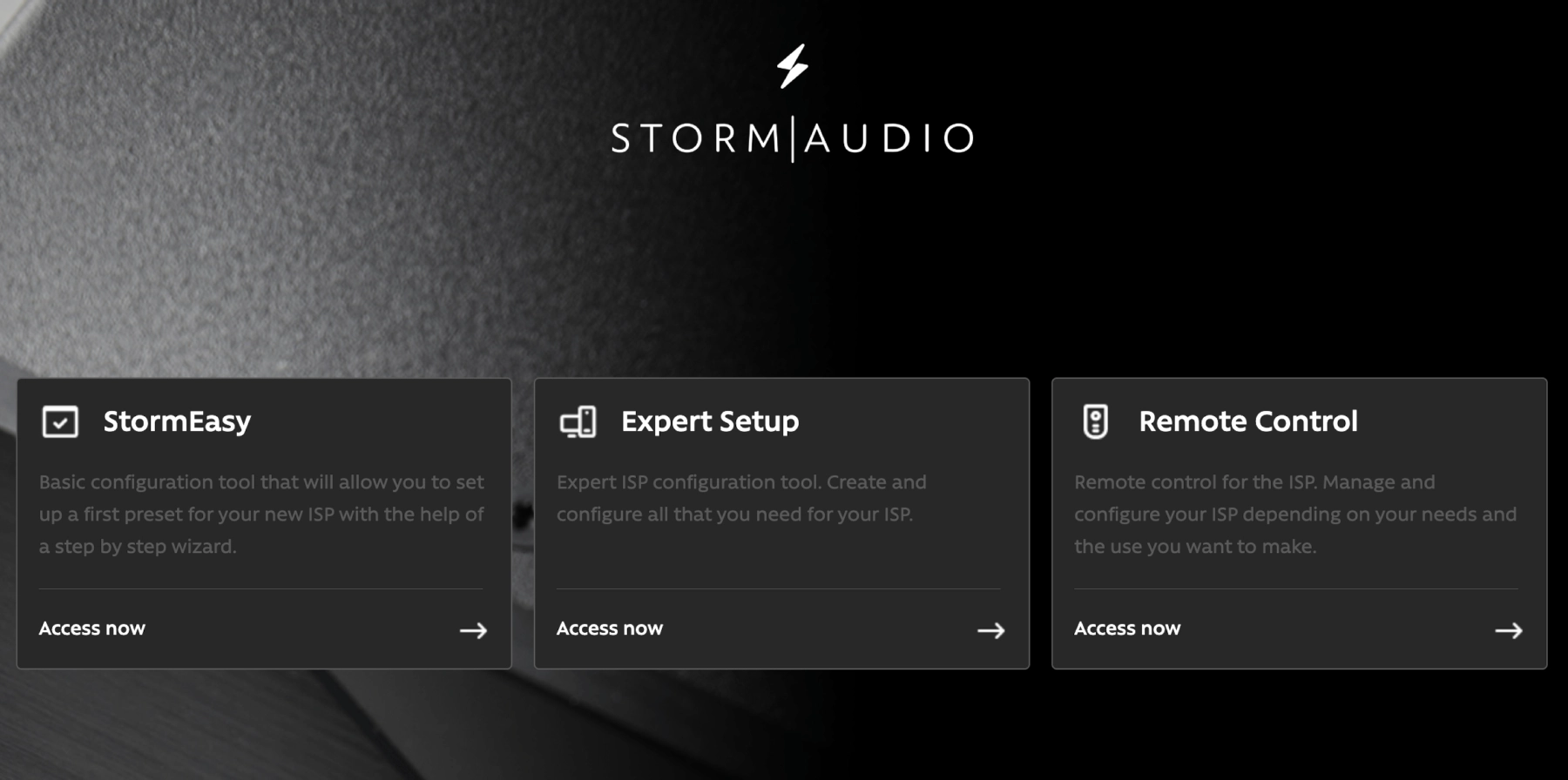 Auswahl Stormeasy, Expert Setup und Remote-Control – Startscreen von Stormaudio Prozessoren