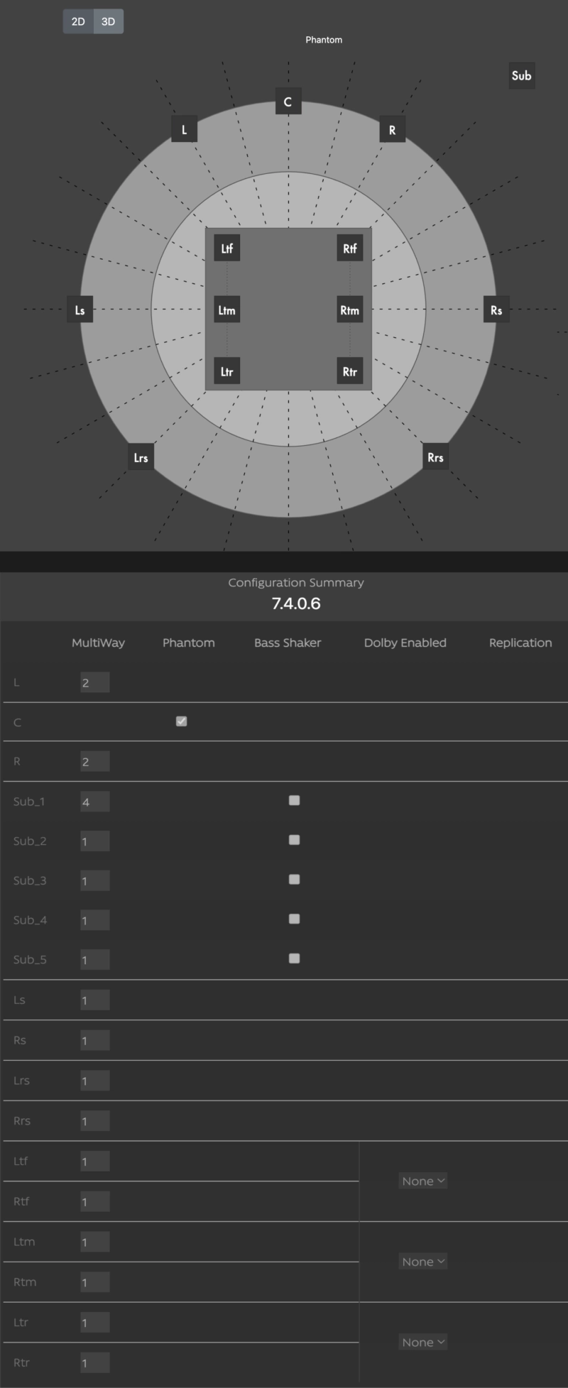 stormaudio-expert-setup-visualsierung-untere-ebene-mobil Ansicht untere Lautsprecher-Ebene in der Setup-Konfiguration mit Expert Modus der Stormaudio