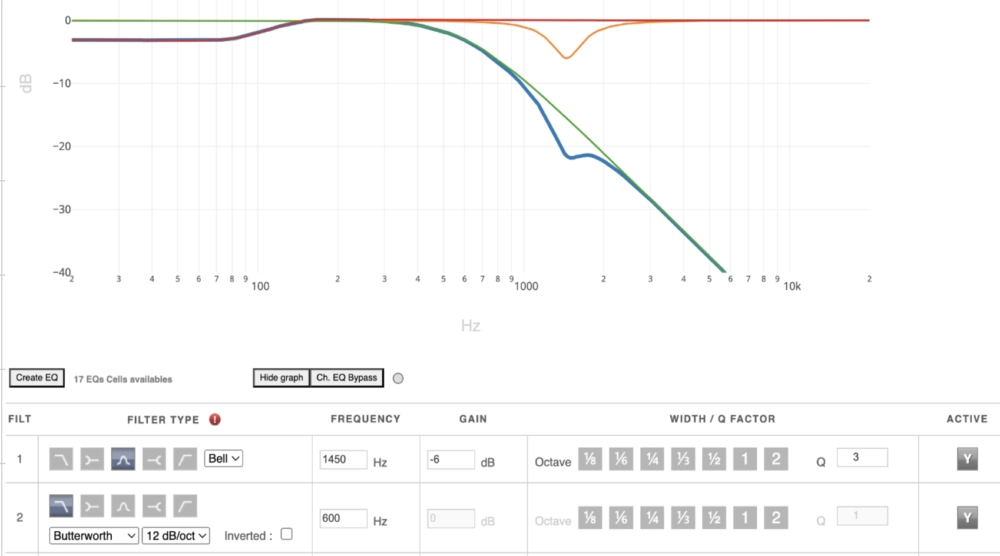 Interface zum Anlegen von Pre-EQs zur Vorentzerrung von Lautsprechern im Stormaudio Interface