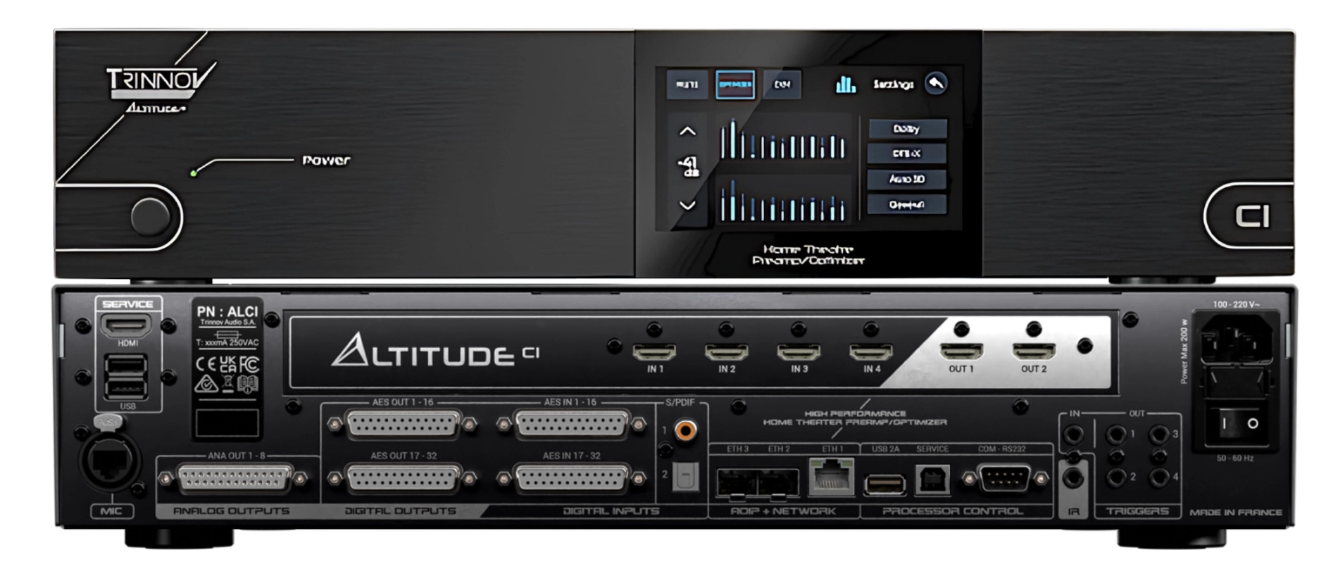 Trinnov Altitude16 – AV Vorverstärker Heimkino Vorderansicht und Rückseite mit Anschlüssen