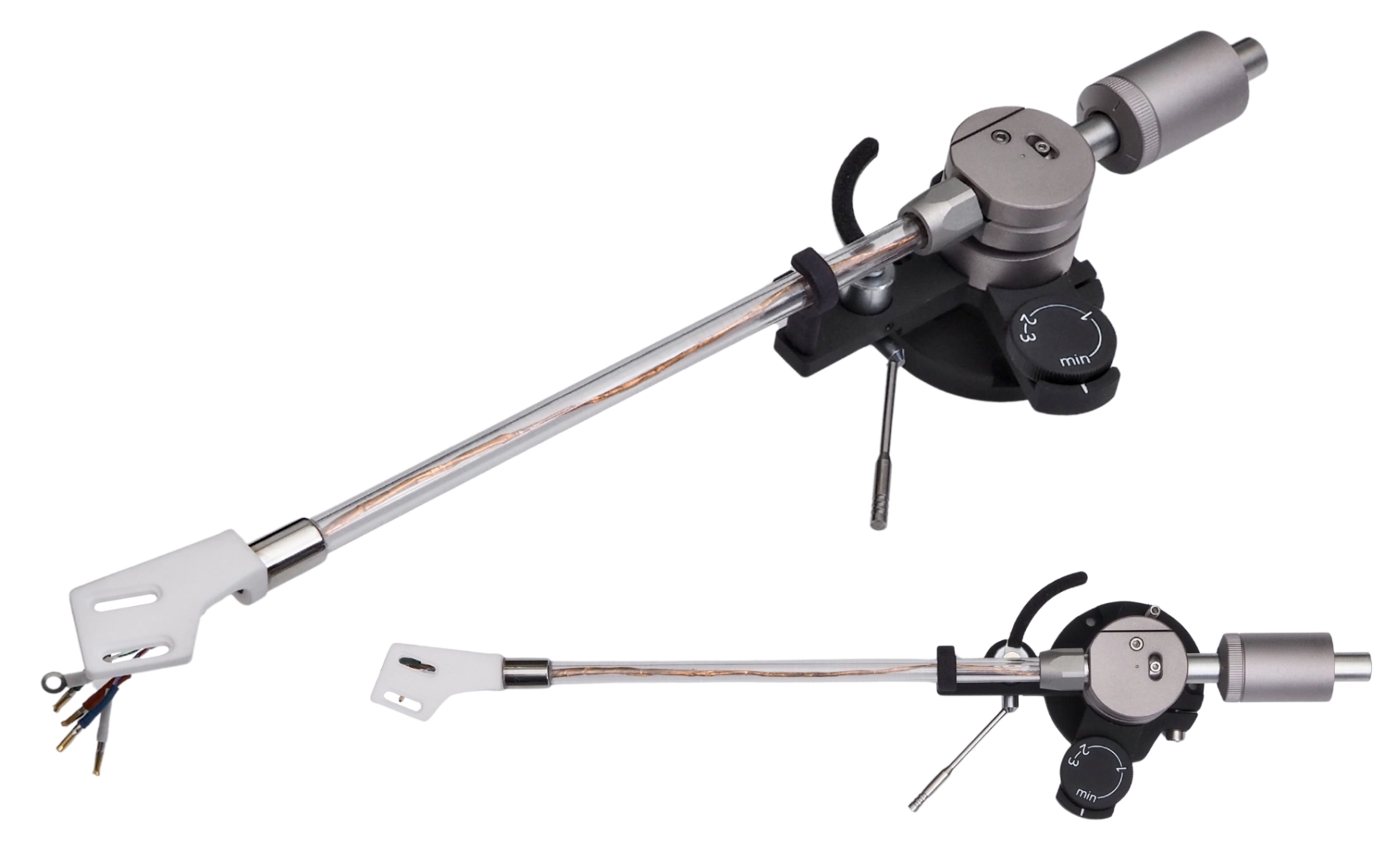 Collage: Korfaudio Tonarm AT-CF9/10 schräge von oben und direkt von oben