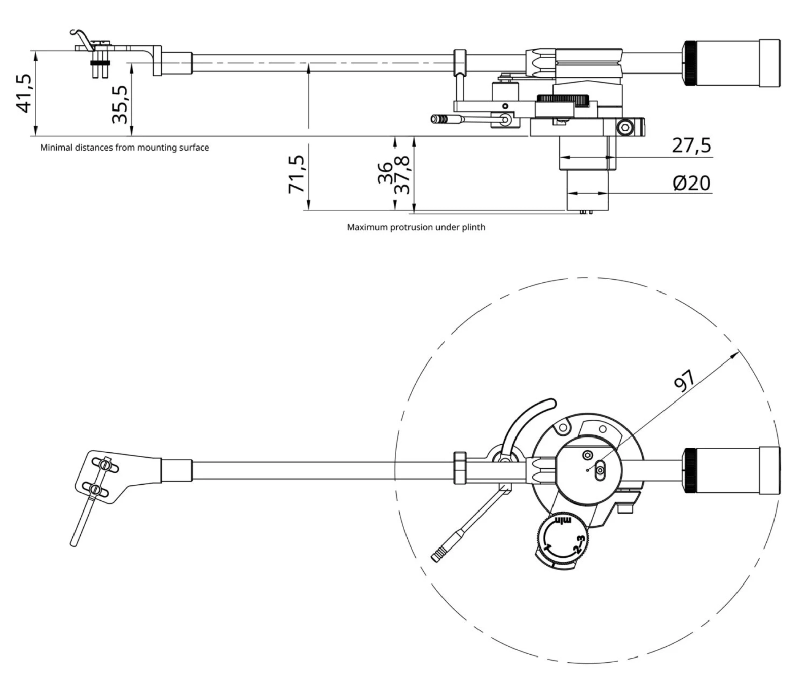 Maßzeichnung Korfaudio Tonarm TA-CF9