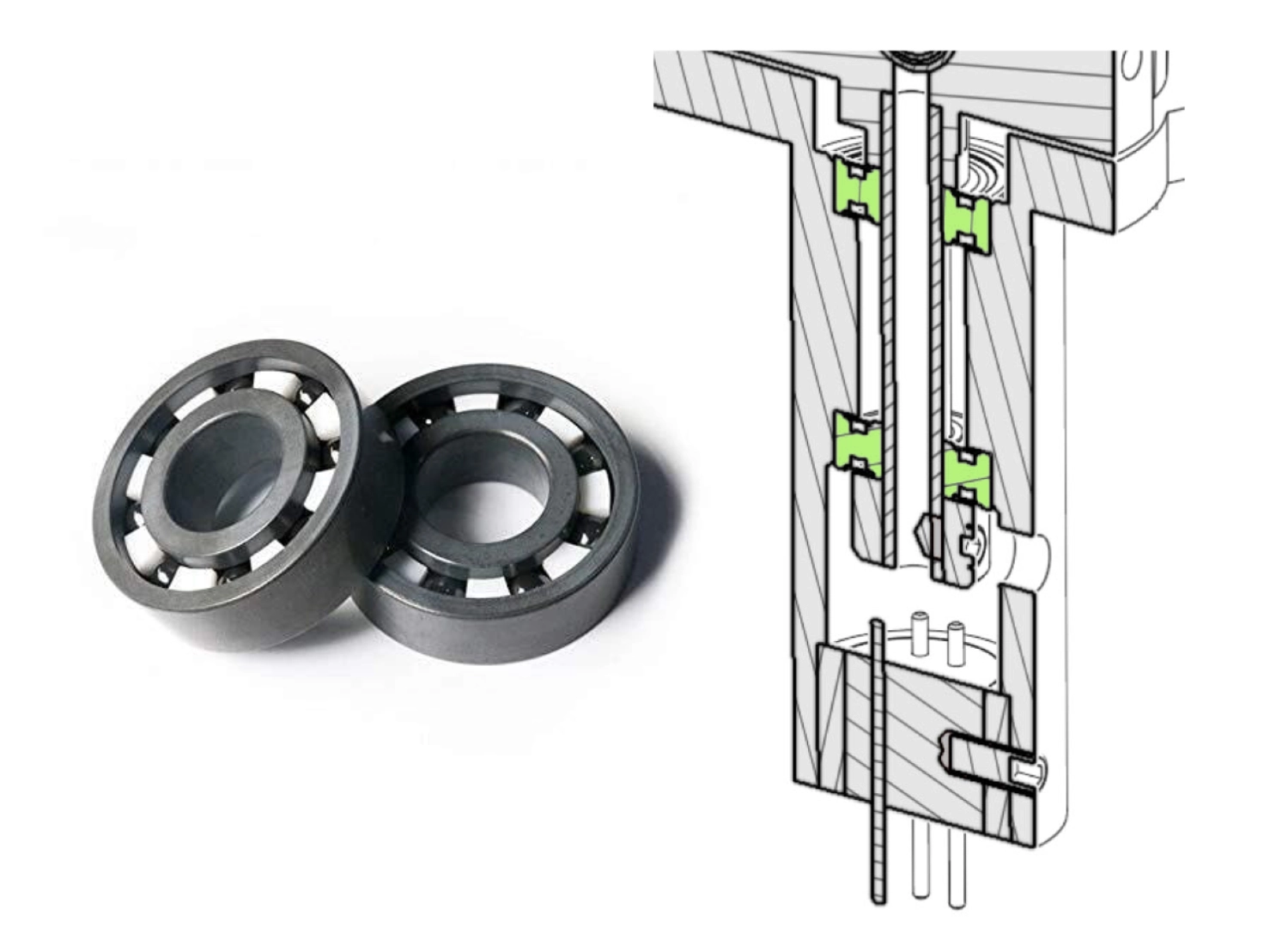 Illustration: Vertikal-Lager des Korfaudio CF9/10, daneben ein Foto der verwendeten Siliziumnitrid-Keramik-Lager