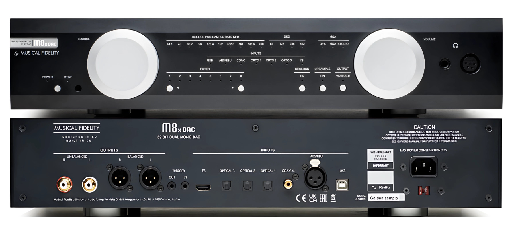 Musical Fidelity M8x DAC in Schwarz: Vorderseite und Rückseite übereinander
