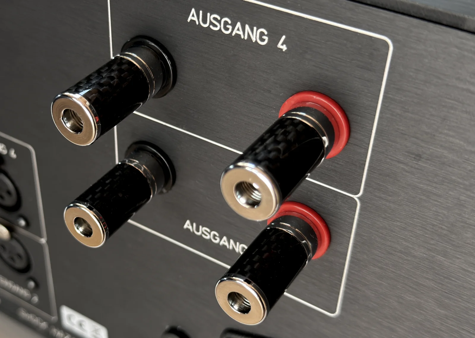 Lautsprecher-Terminals aus Rhodium/Carbon an der MeroVinger Supreme 2K-4 Endstufe