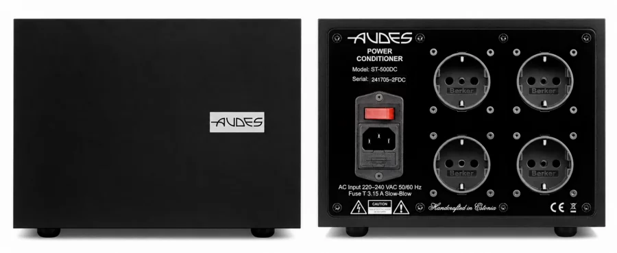 Audes ST-500 Netzfilter Vorderseite neben Rückseite