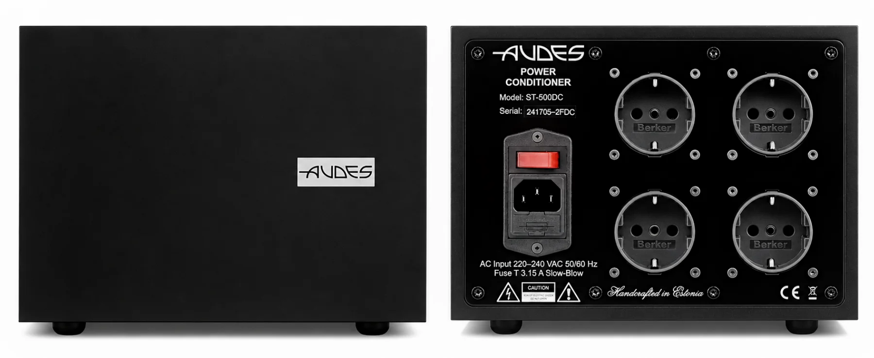 Audes ST-500 Netzfilter Vorderseite neben Rückseite