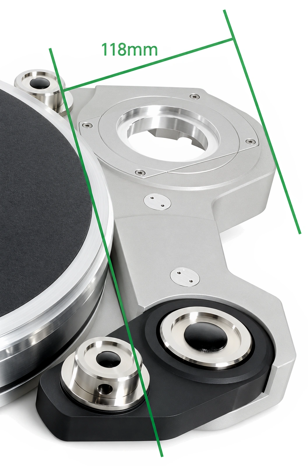 Detailaufnahme mit Breitenmaß 118 mm für den Ultimate Tonearm Mount des TechDas Air Force IV